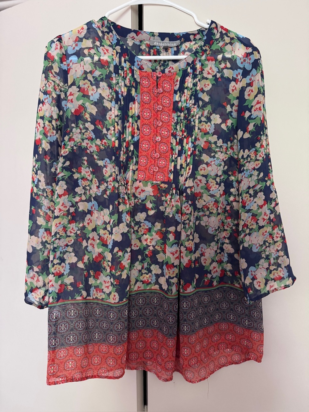 Daniel Rainn Navy Floral Tunic with Coral Embroidered Panel